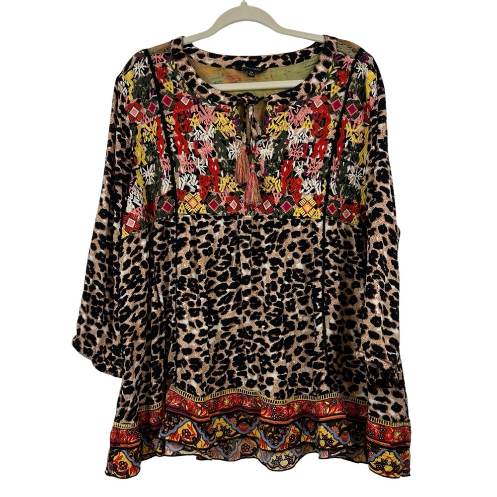 John Mark Women's Boho Pullover Top Tie Front Floral Animal Print Plus Size 2X